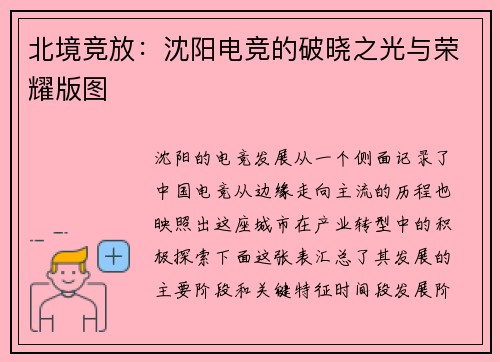 北境竞放：沈阳电竞的破晓之光与荣耀版图